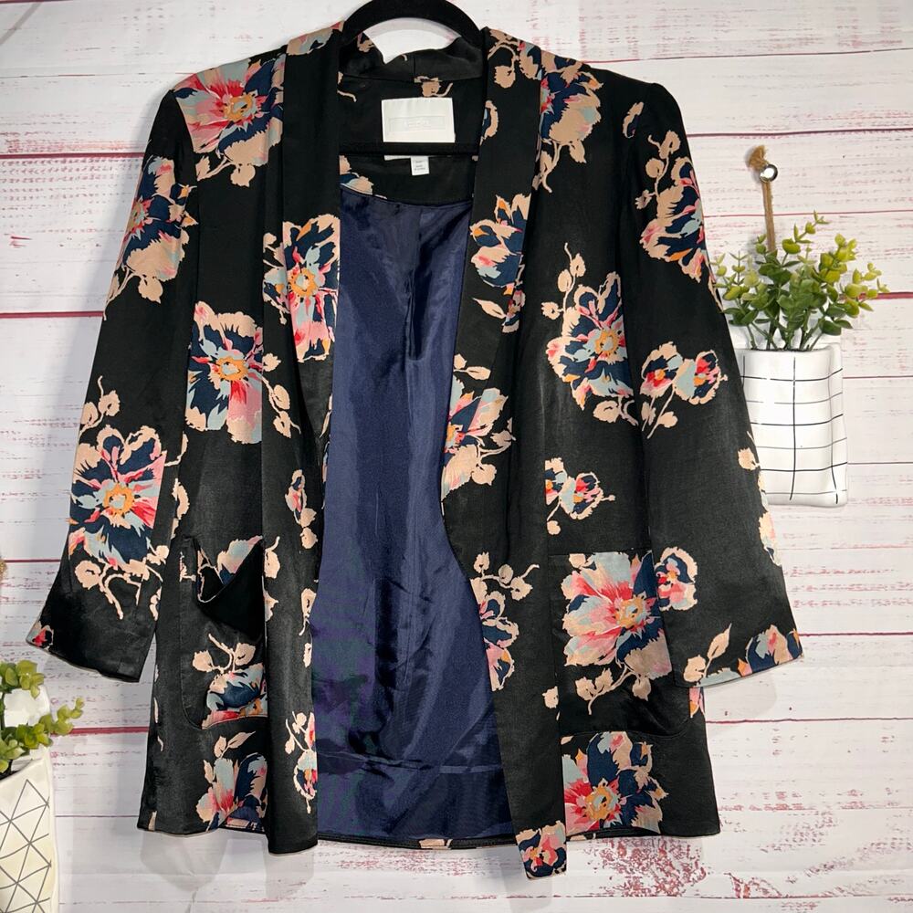 NWOT Anthropologie Ett:Twa Black & Floral Silky Feel Blazer Size XS